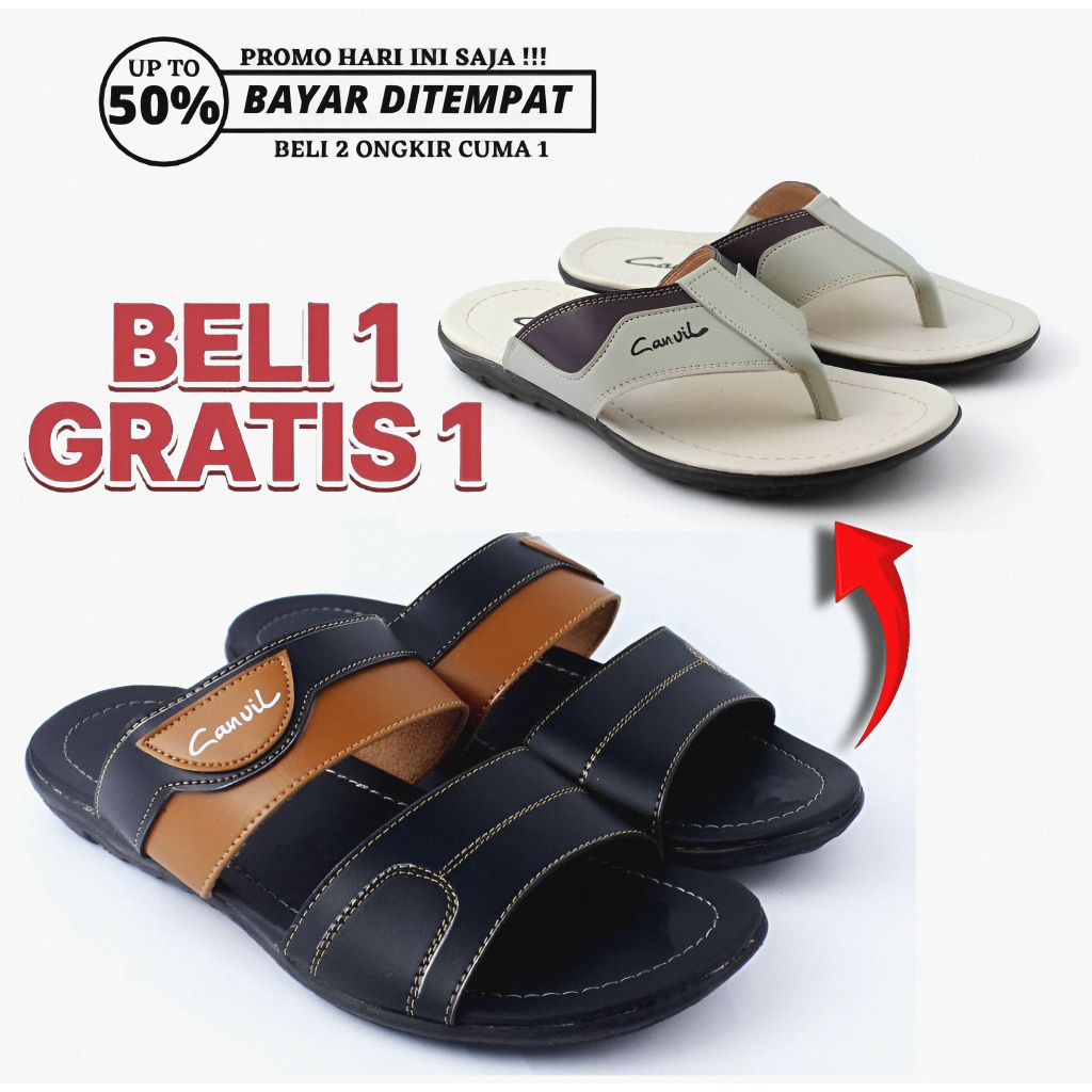 Sandal Slop Pria Wanita Kulit Kekinian BELI 1 GRATIS 1