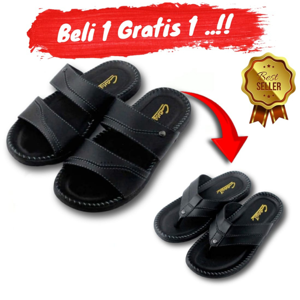 Sandal Slop Pria Sendal Slide Kulit Cowok Cewek Best Quality BELI 1 GRATIS 1