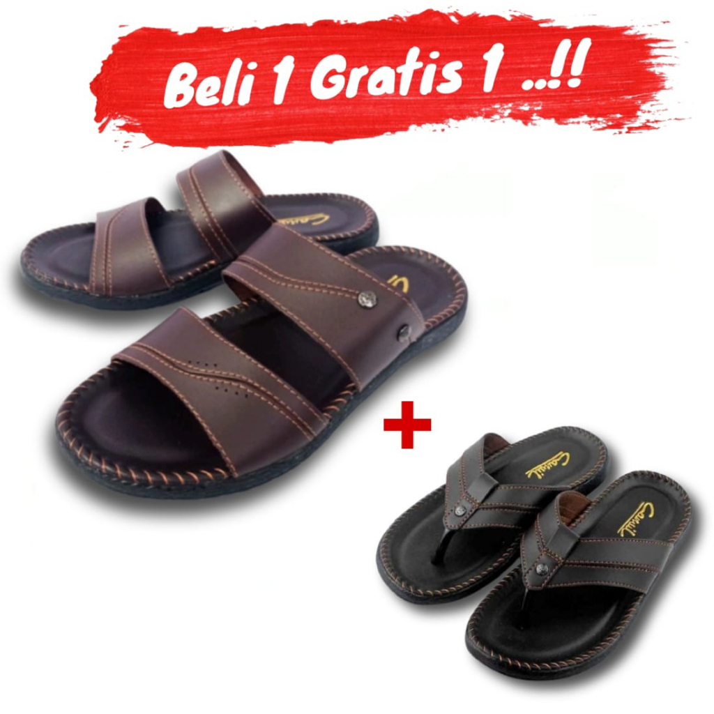 Sandal Slop Pria Sendal Slide Kulit Cowok Cewek Best Quality BELI 1 GRATIS 1