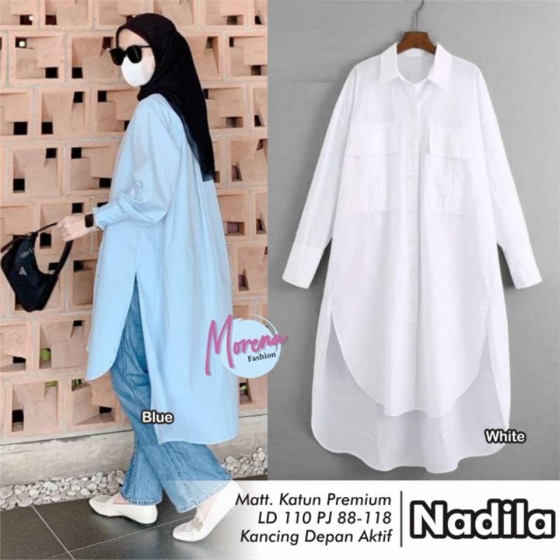Nadila Long Tunik Polos Putih Katun Premium Ld 110 Jumbo Fit XXL Busui Kancing Aktif By Morena