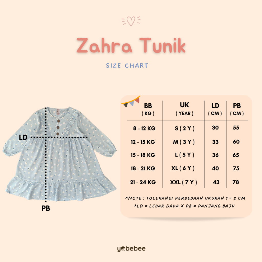 Yobebee Zahra Tunik Dress Anak Perempuan Usia 2 3 4 6 7 Tahun Baju Gamis Anak Gaun Babydoll Korea Daster Kids Motif Karakter Bunga Rayon Lembut Model Baju Muslim Ngaji Anak Cewek