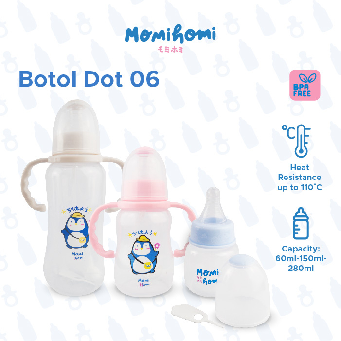 MOMI HOMI CARTOON SERIES BOTOL DOT SUSU BAYI 06 60ML / 150ML / 280ML DENGAN GAGANG DAN SEDOTAN TAHAN PANAS BPA FREE