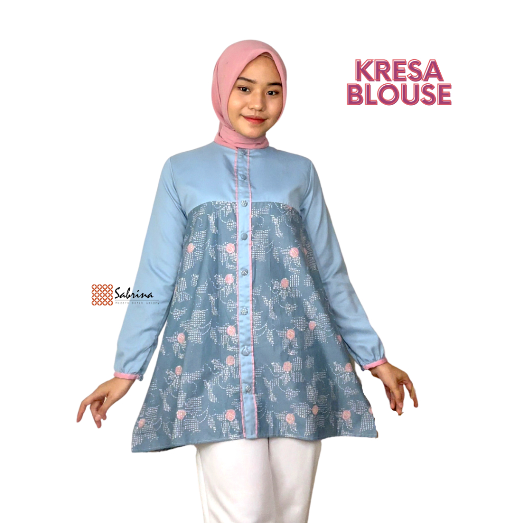 KRESA Blouse Atasan Batik Kerja Kantor Wanita Cantik Modis Modern Kekinian Bluegrey Pastel Cap Katun