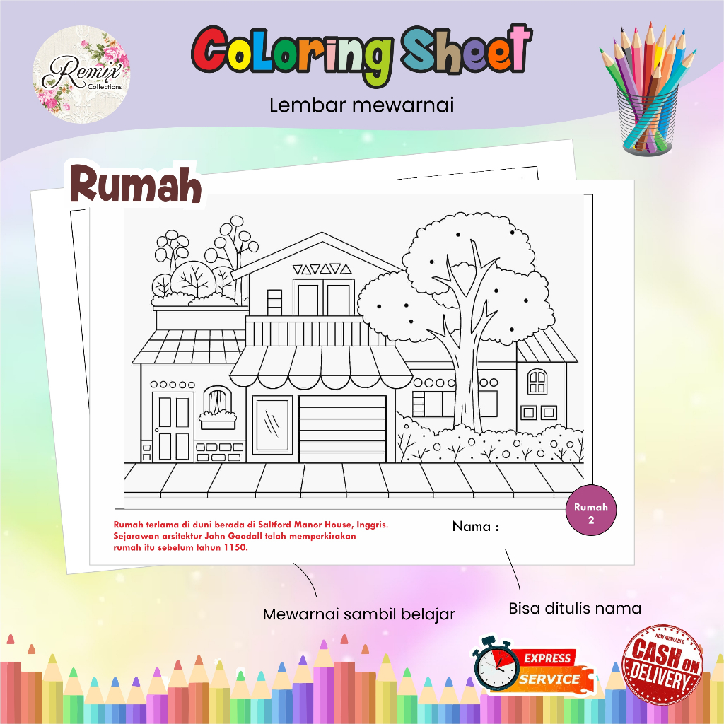 

[20 pcs] Kertas Mewarnai tema RUMAH / Kertas Gambar / Kertas Warna Anak TK SD / Watercolor