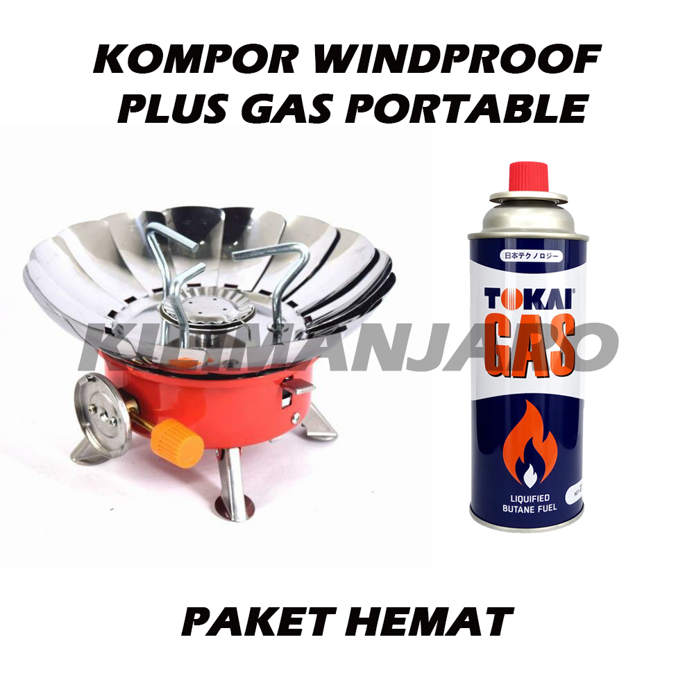 Paket Kompor Windproof Plus Gas Portable - Kompor Camping + Gas Portabel