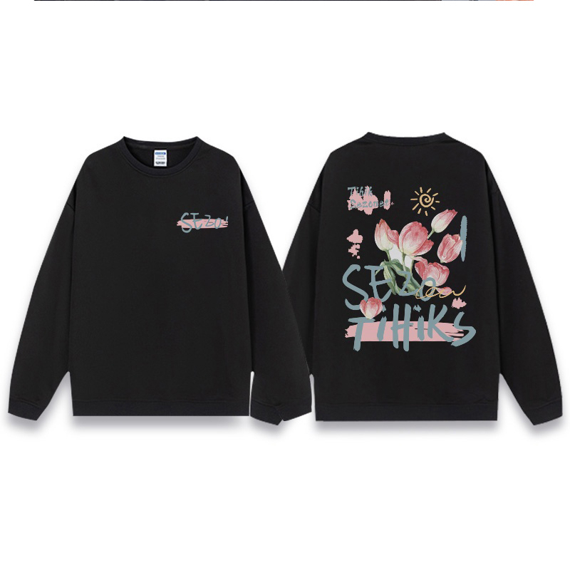 sweater oversize korea lengan panjang back rose motif graffiti print sweater hitam basic sweater crewneck