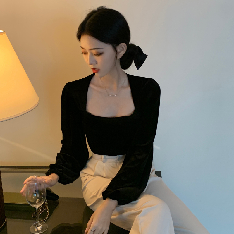 Kemeja lengan panjang retro fashion korea atasan off-shoulder beludru hitam wanita blouse baju atasan wanita velvet