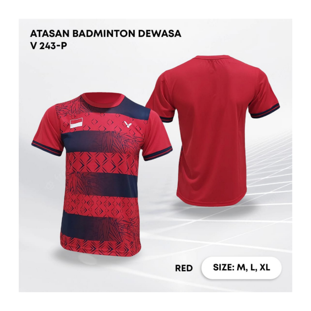 Kaos bulutangkis pria V243 baju badminton atasan olahraga jersy wanita dewasa t-shirt outfit seragam kostum jersey casual suit pakaian jarsey oblong apparel sport jersi sudirman thomas uber cup bulu tangkis merah polos