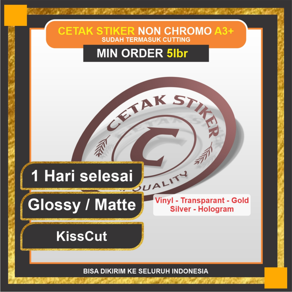 

NCMO Print & Cut Stiker Vinyl Transparant Gold Silver Hologram label custom logo kemasan Minimal Order 5 Lembar