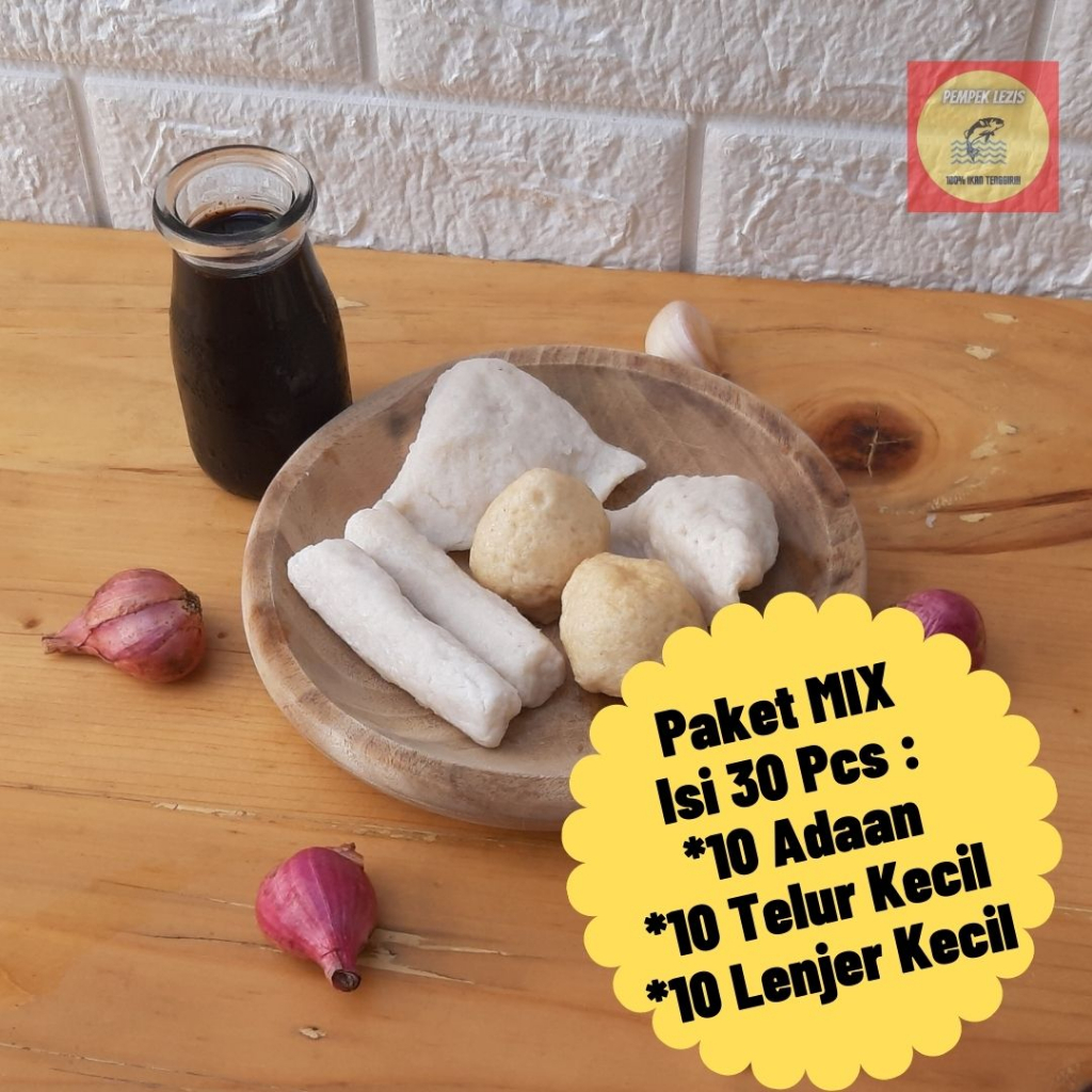 

Pempek Palembang Ikan Tenggiri, Mix isi 30 pcs Telur, Adaan, Lenjer Plus Cuko