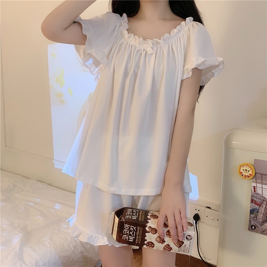 Piyama Set Wanita Dewasa Setelan Baju Tidur Cute Lengan Pendek Celana Pendek Import French Putih Susu