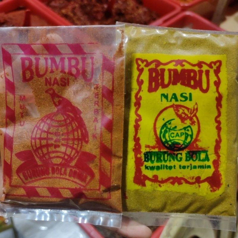 

Bumbu Bubuk Nasi Minyak Samin / Kebuli Merah & Kuning Cap Burung Bola Dunia 30 gram