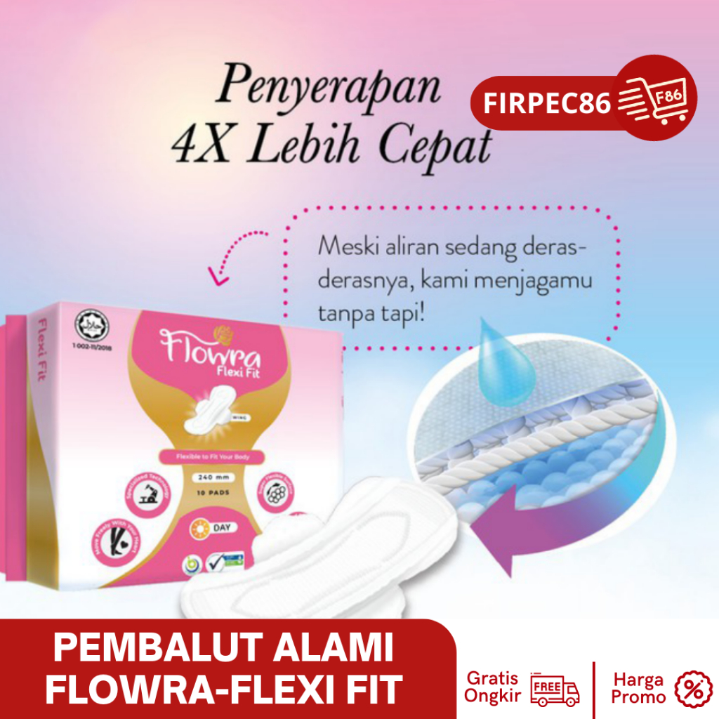 Pembalut Flowra Flexi Fit 240mm Day, Pembalut Halal, Tipis, Xtra Kering, Aman &amp; Nyaman