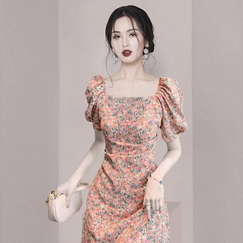 Korean Dress Pendek Lengan Bunga-Bunga Pink Gaya Korea Wanita Import