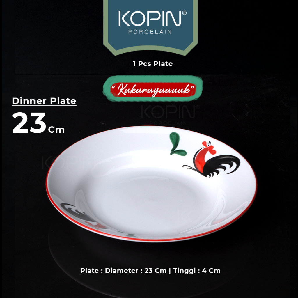 Piring Makan Keramik Porcelain Modek Kukuruyuk Lining  Merah | KOPIN