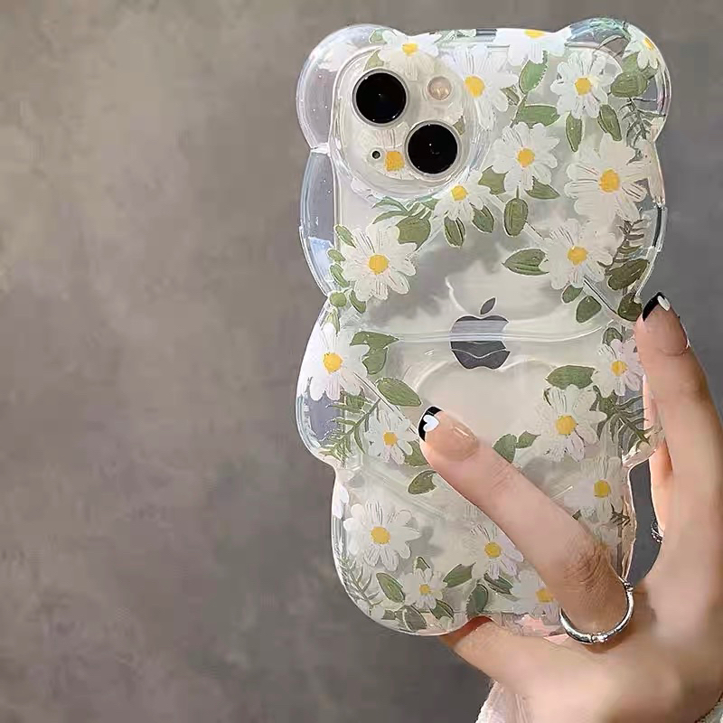 White Flower Bear with Crystal Chain Softcase Casing Case HP Lucu iphone XS XS Max XR 11 Pro Max 12 Pro Max 13 Pro Max 14 Pro Max