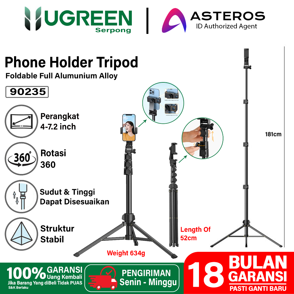 UGREEN Tripod Portabel 360° Alumunium Alloy For Handphone Kamera Livestream Tongsis Tripod 3in1 Tripod Mini + Tas