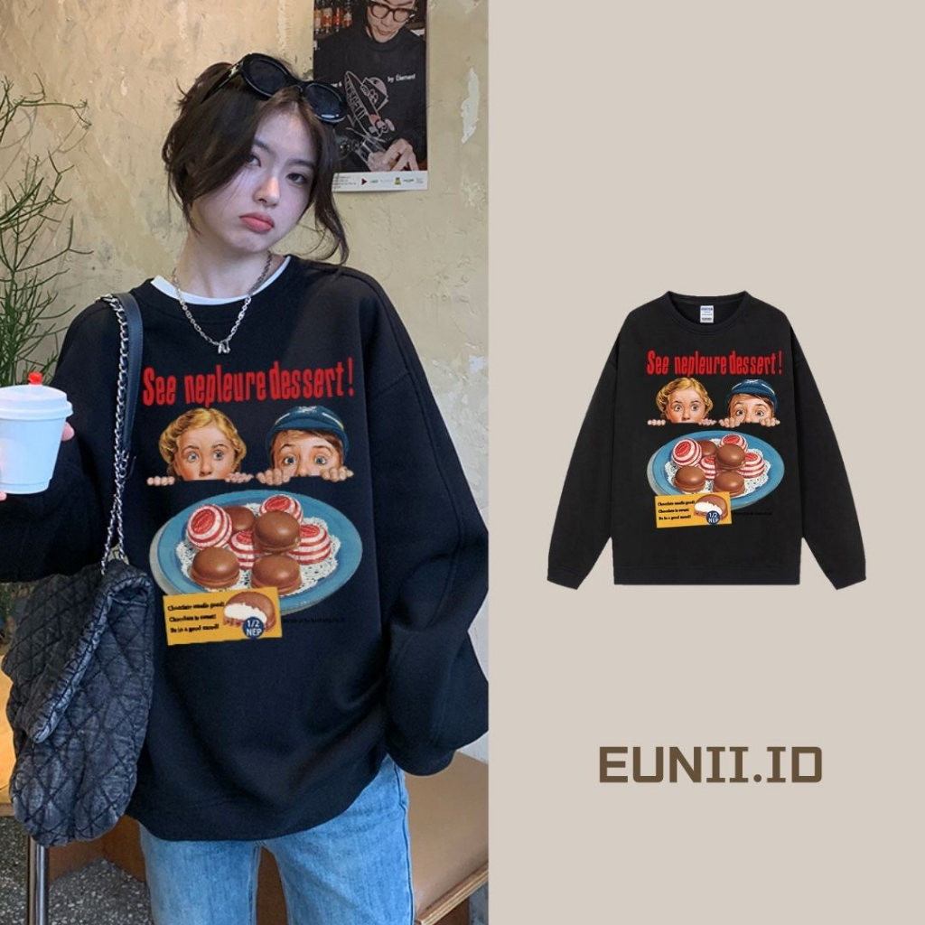 EUNII Sweater Lengan Panjang Cartoon Dessert Girl Korean Style/Sweater Crop/Baju Wanita/Switer Wanita/Switer