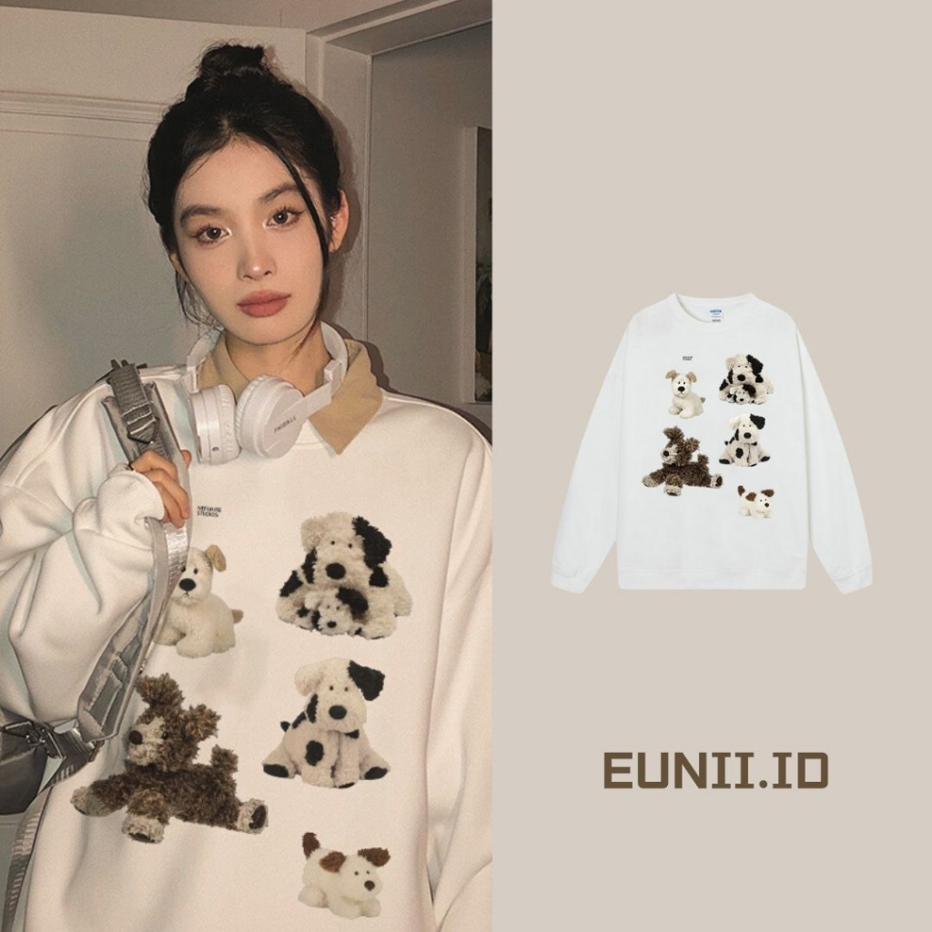 EUNII Sweater Lengan Panjang Cartoon Cow Dog Korean Style/Sweater Crop/Baju Wanita/Switer Wanita/Switer