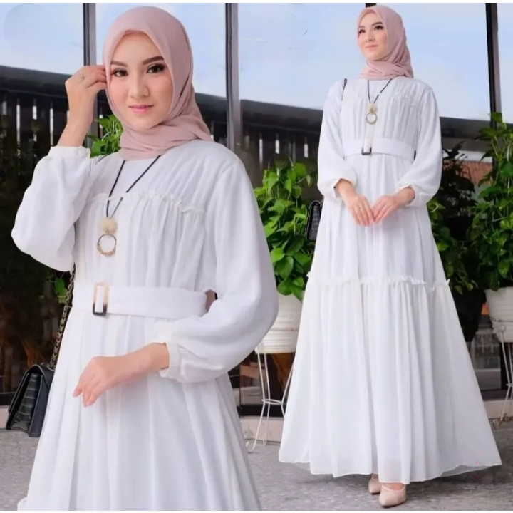 Gamis anggun Crinkle Premium gamis putih terbaru 2023 Shakila Maxi dress kekinian dan fashianable