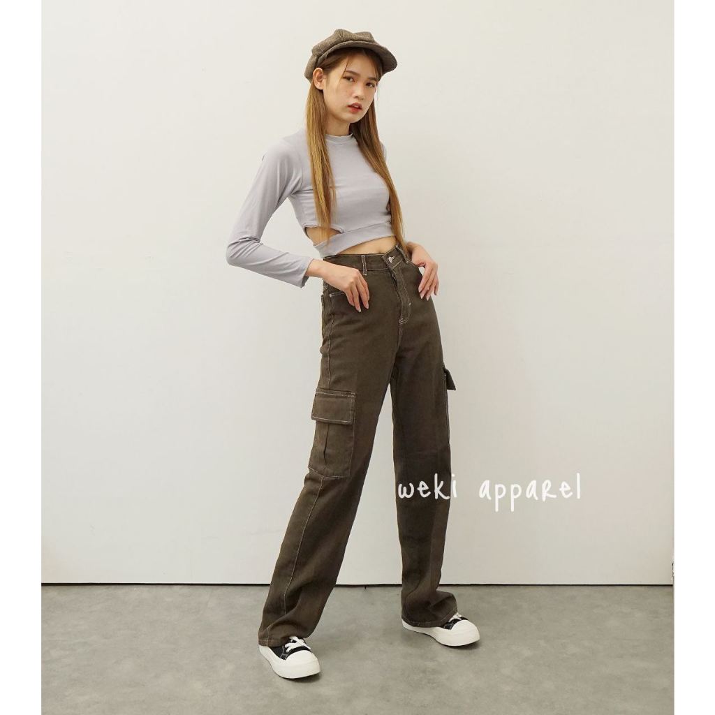 Weki Cargo Highwaist Loose Jeans Choco