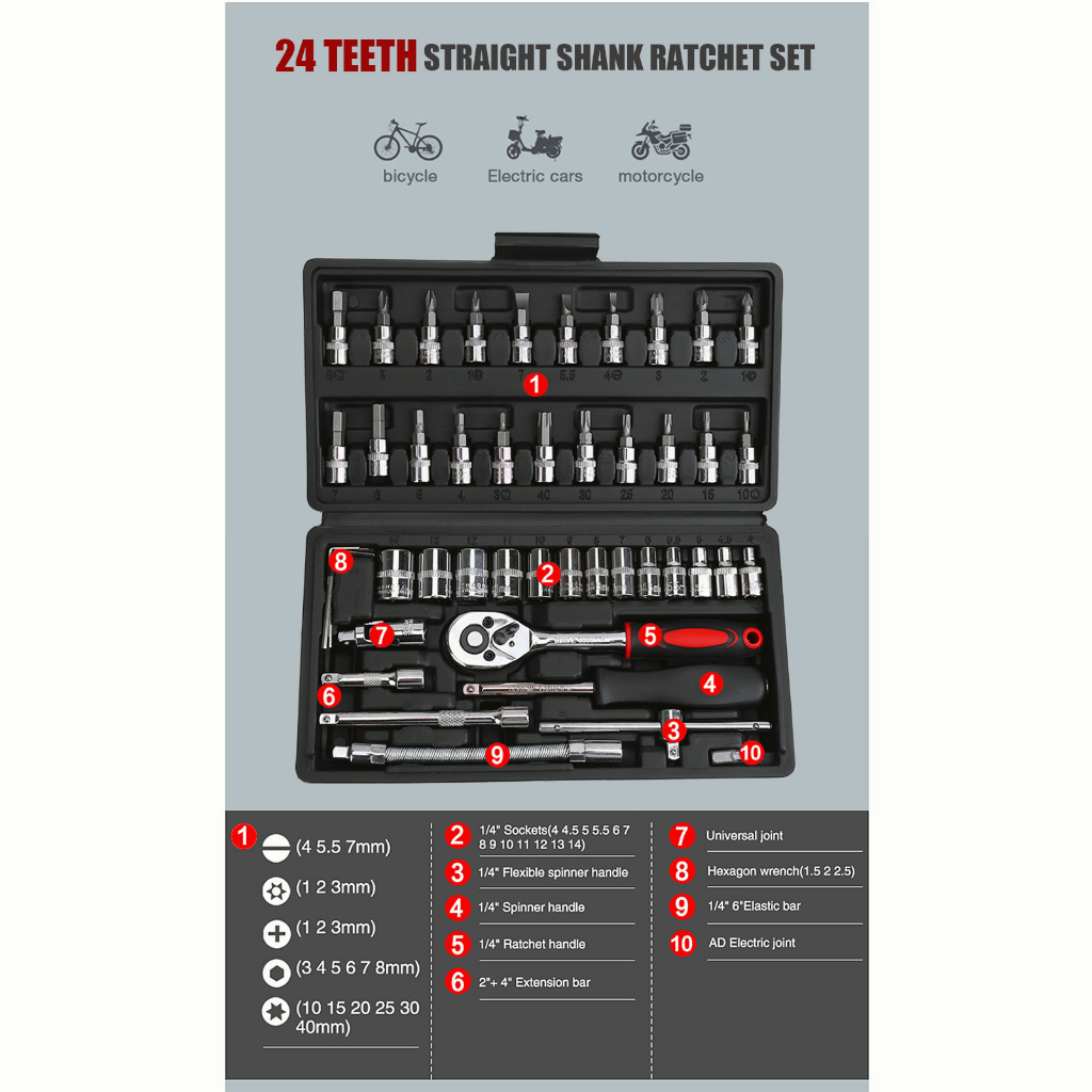 WTW11 Set Kunci Sok Kunci Shock 46 pcs Mobil Motor Lengkap Socket Tool Kit set Pas Ring Motor Mobil