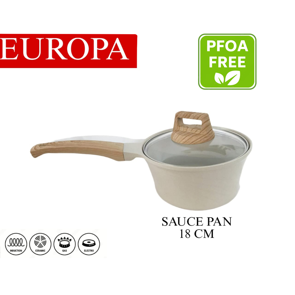 Sauce pan europa Keramik ceramic coating PFOA FREE EUROPA Sauce Marble 18 Cm Panci Susu Anti Lengket + Tutup Kaca - Cream saucepan panci susu keramik