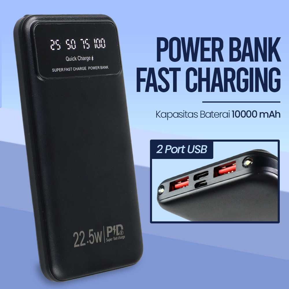 Power Bank Fast Charging Dual USB Output 22.5W 10000mAh Powerbank Isi Daya Baterai Handphone Desain Ringkas