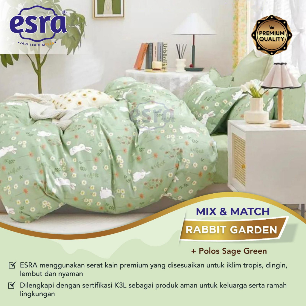 Proven Sprei - Sprei Katun Esra motif Rabbit Garden Hijau Sage