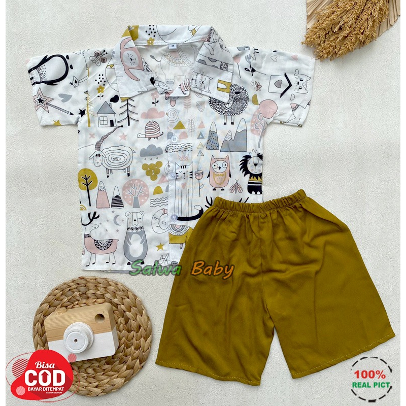 Setelan Baju Bayi Kemeja Bayi One Set Rayon Motif Animal Usia 3-12 Bulan Nanaku Baby