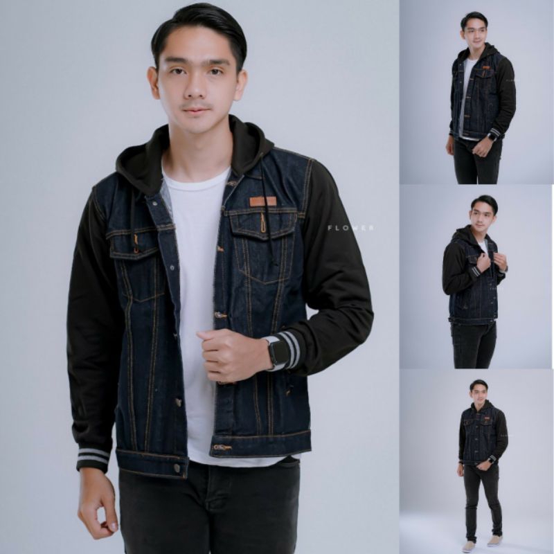 Jaket Jeans Hoodie Pria Original Warna Hitam size m l xl