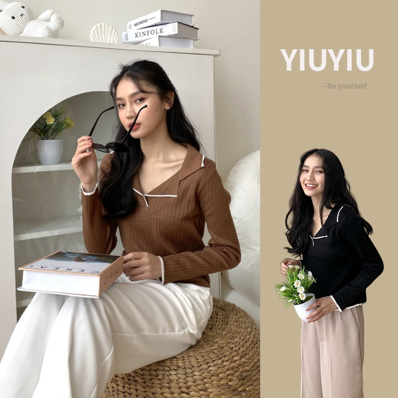 YIU YIU Rajut - Sweater Wanita Lengan Panjang Korean Style Terbaru V-neck Switer Rajut Wanita Polos