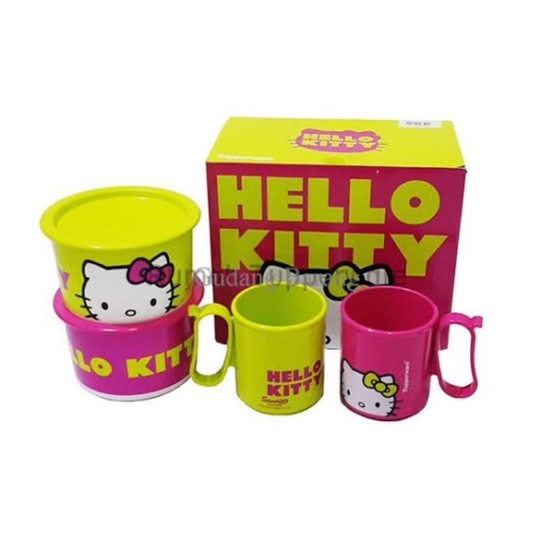 TUPPERWARE Hello Kitty Snack Time Set // Toples Canister (2) dan Cangkir Mug (2) Anak Lucu Penyimpan