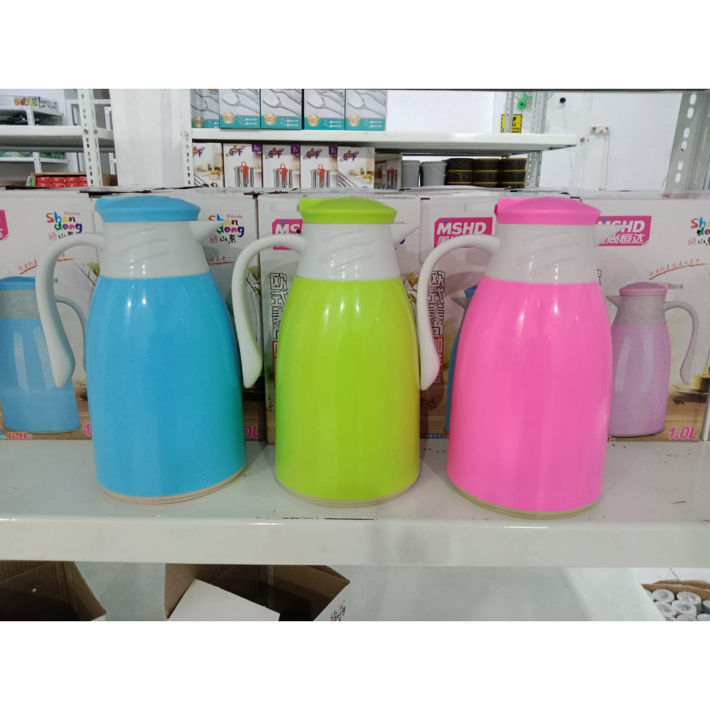 teko termos air panas bahan kaca luar plastik water jug  1000 ml/ tremos warna 1 liter