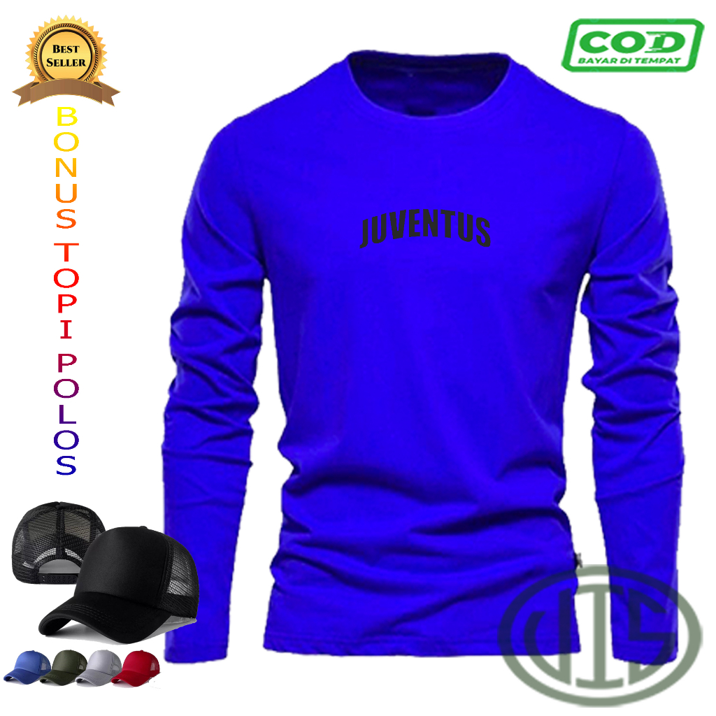 GRATIS TOPI...Kaos Lengan Panjang JUVENTUS Motif HITAM+TOPI Distro Premium / Kaos Murah COTTON 30S /