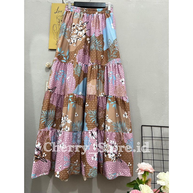 Cherry _ rok beraksen 4 susun motif bunga sakura | rok panjang wanita