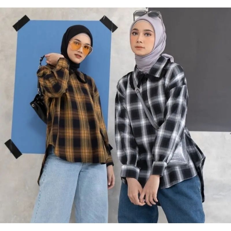 kemeja flanel wanita oufit cewek bestseller lengan panjang terlaris terhits