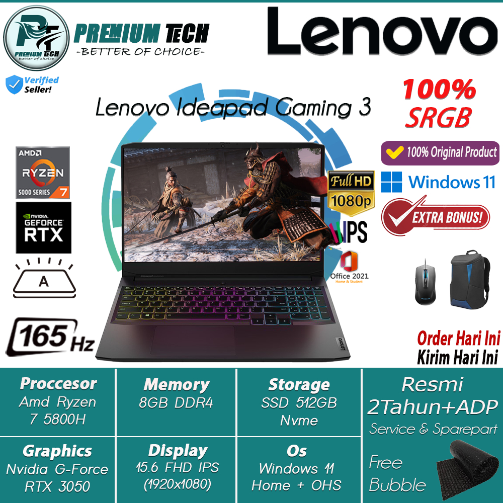 Laptop Lenovo Ideapad Gaming 3 15 Amd Ryzen 7 5800H 16Gb 512Gb ssd RTX3050 15.6 FHD IPS 165HZ 100SRG Windows 11 OHS