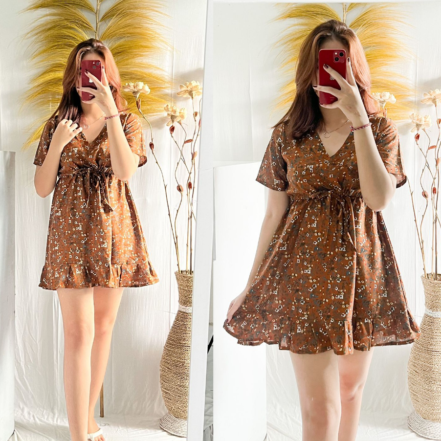 DRESS V RAMPLE TALI PINGGANG POLKA PREMIUM