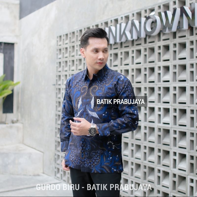 GURDO BIRU Kemeja Baju Batik Pria Lengan Panjang Modern Premium Full Furing Katun Halus