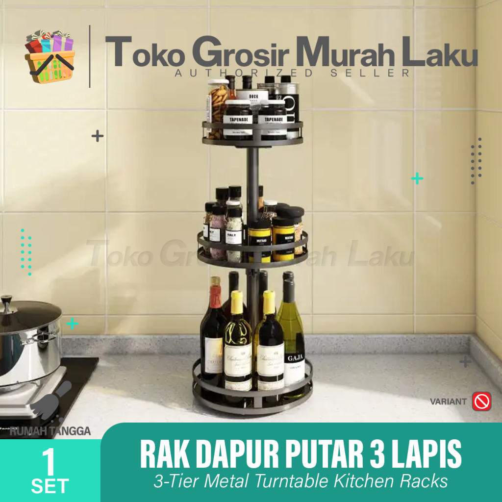 RAK BUMBU DAPUR STAINLES PUTAR 360 DERAJAT TEMPAT BAHAN DAPUR- 3 SUSUN