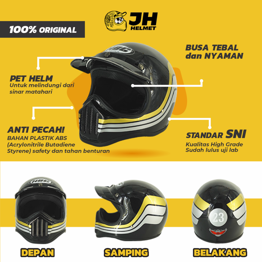 Helm Cakil HBC 23 Black Glossy Gold + FREE GOGGLE | Retro Full Face | JUAL HELM