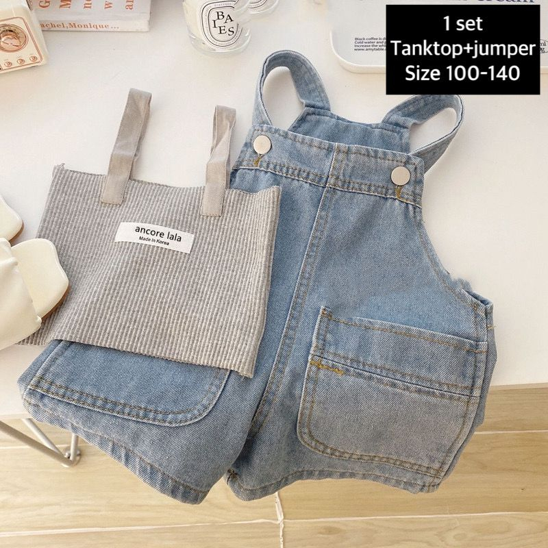(LOLI-JKT) BS-417 SET ANAK COMISOLE TOP OVERAL SHORTS DENIM 100-140