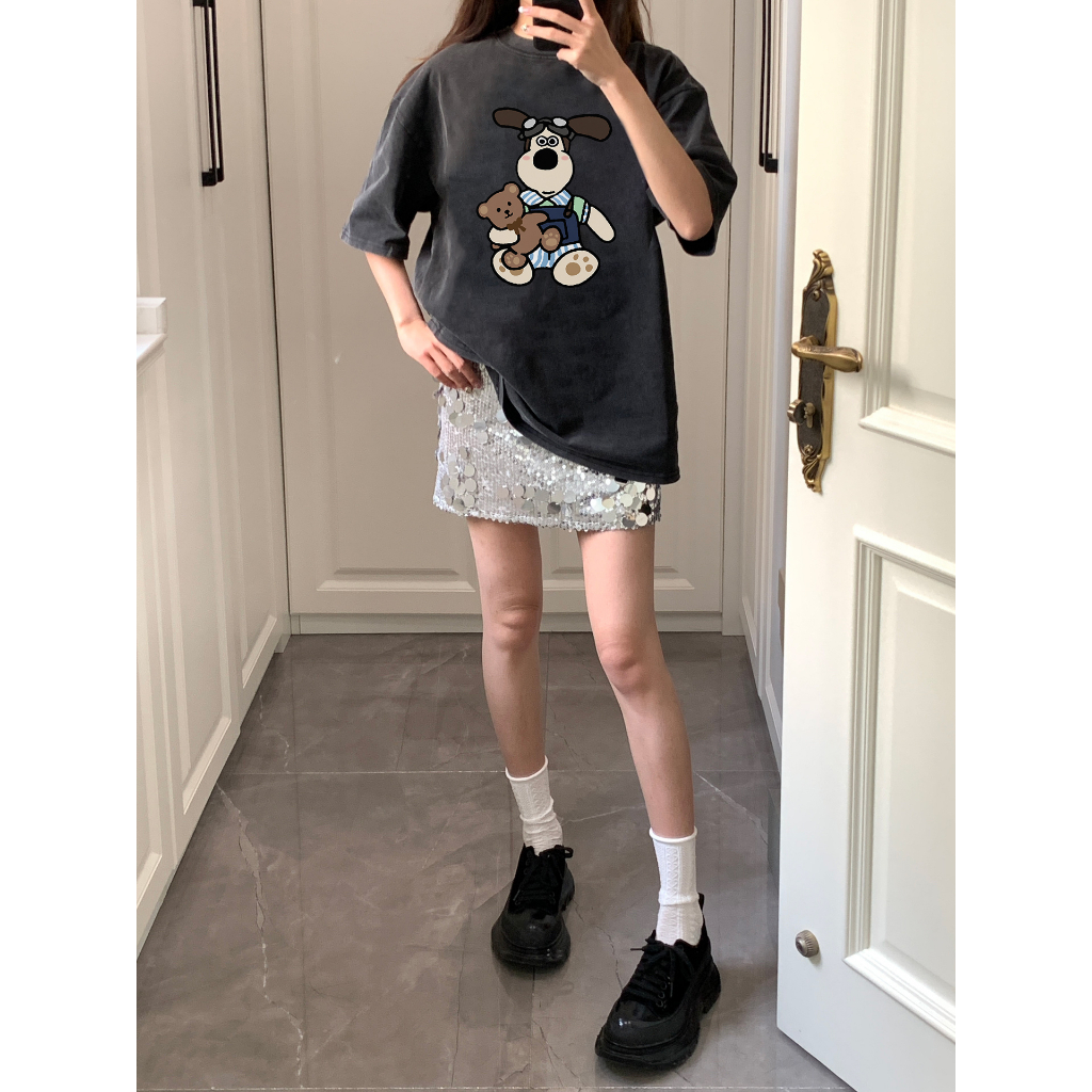 EUNII T-shirt Lengan Pendek Black Washed Cartoon Snoopy Printing Korean Style/Kaos Atasan Wanita/Baju Wanita/Kaos Wanita