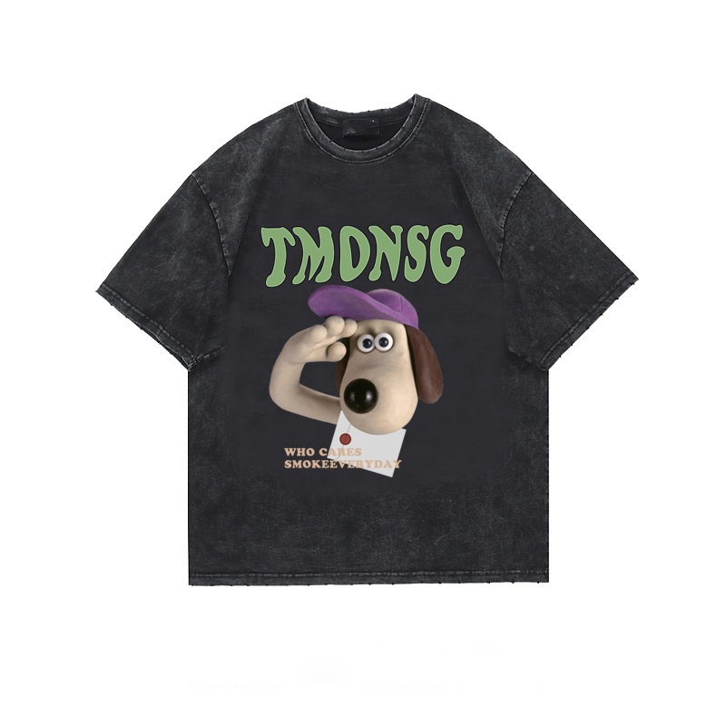 EUNII T-shirt Lengan Pendek Black Washed Cute Salute Dog Printing Korean Style/Kaos Atasan Wanita/Baju Wanita/Kaos Wanita