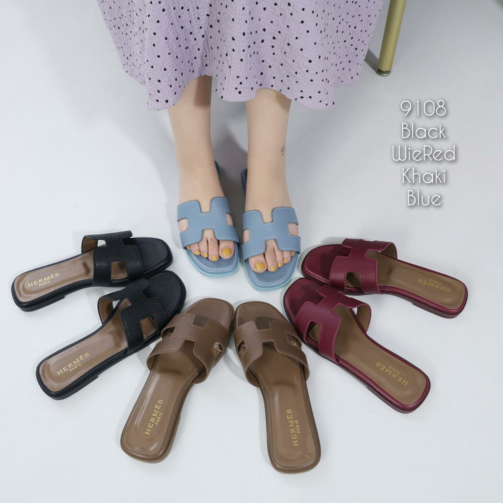 Sandal slop Flat wanita Logo H kulit kode 9108