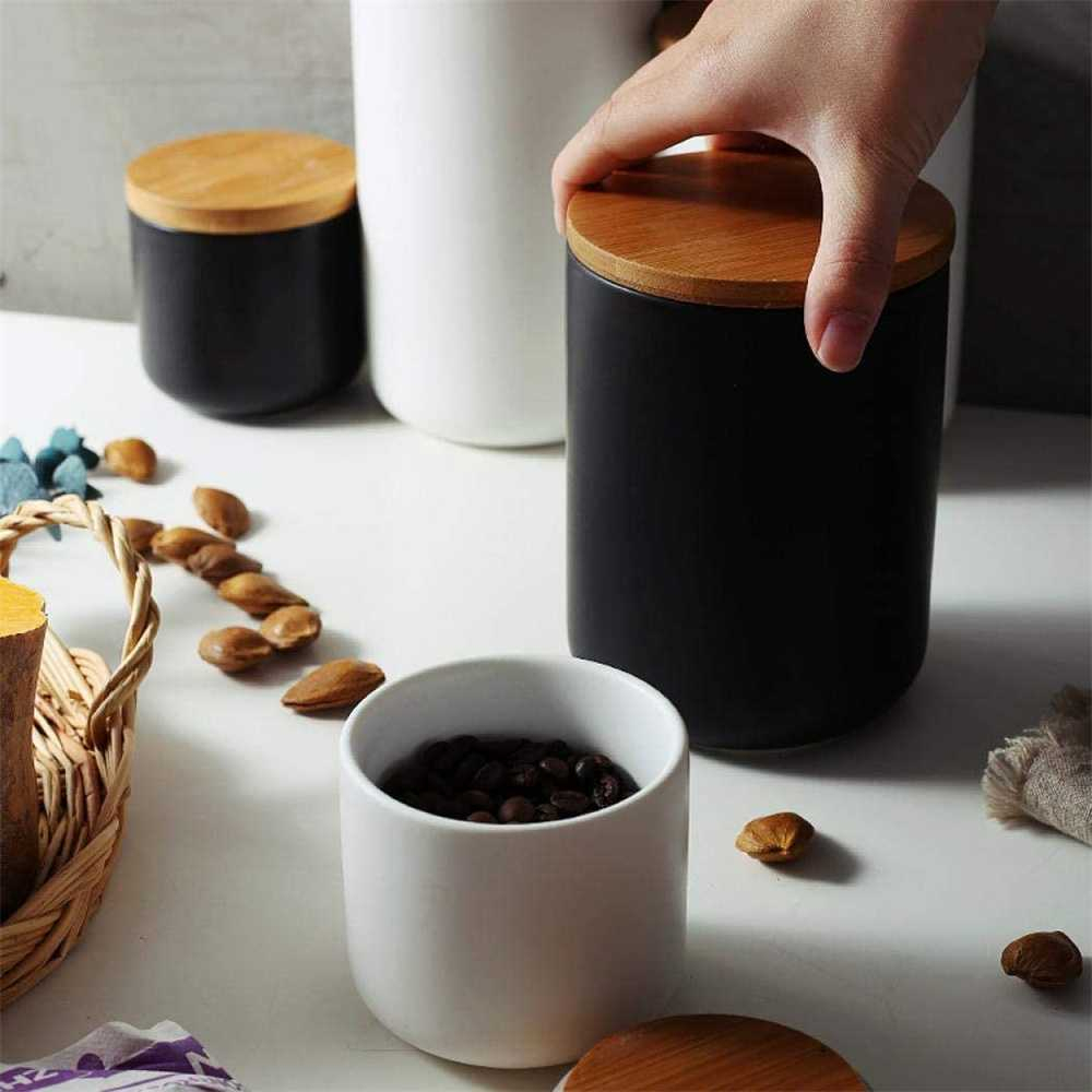 Toples Keramik Tutup Bambu Penyimpanan Makanan Ceramic Storage Jar Wadah Tempat Simpan Snack Cemilan Berkualitas