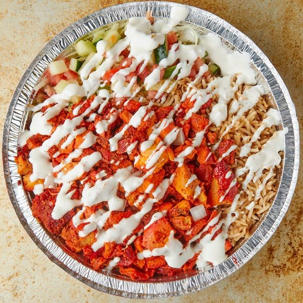 

White Sauce Halal Street Cart Style Doner Kebab Platter Rice Bowl Saus