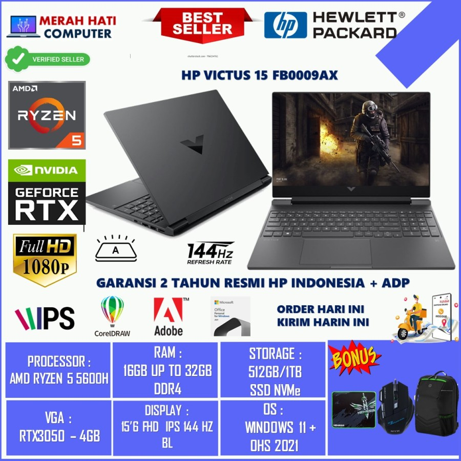 LAPTOP GAMING HP VICTUS 15 FB0009AX AMD RYZEN 5 5600H 32GB 512GB RTX3050-4GB FHD IPS 144HZ BL WIN11HOME + OHS MICA SILVER ORIGINAL BERKUALITAS