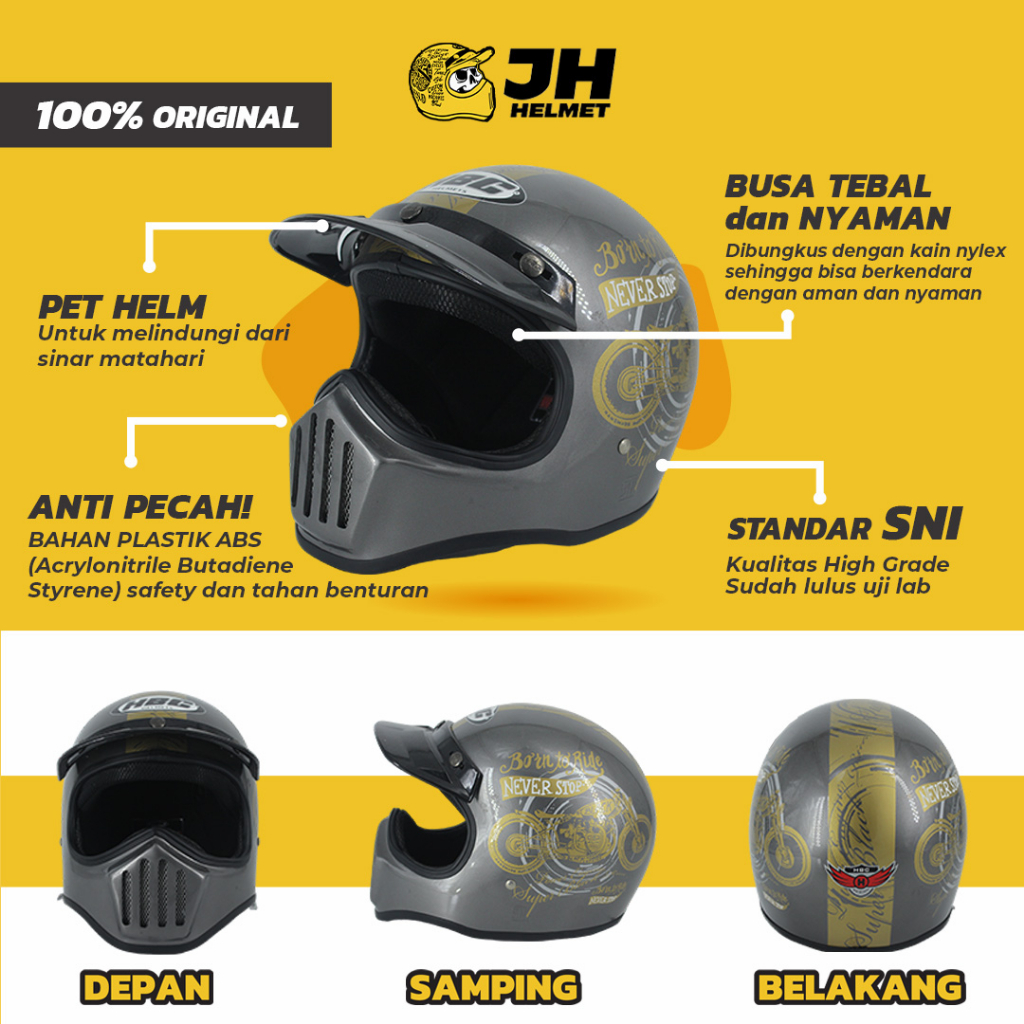 Helm Cakil HBC Born To Ride Grey Glossy + FREE GOGGLE | Retro Full Face | JUAL HELM